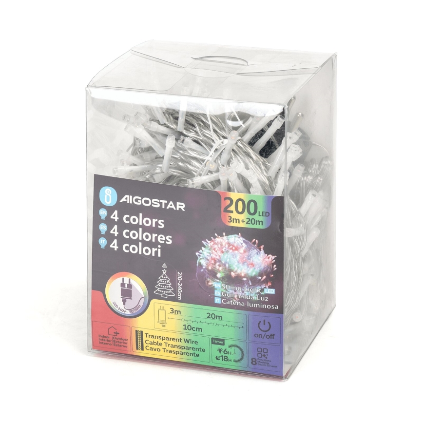 Aigostar - LED външна коледна гирлянда 200 LED / 8 функции, 23 m, IP44, многоцветна