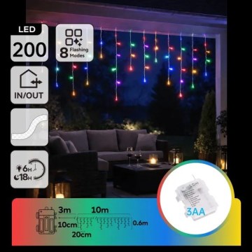 Aigostar - LED външна коледна гирлянда, 200 LED, 8 режима, захранване 3 x AA, 13 x 0,6 m, IP44, многоцветна