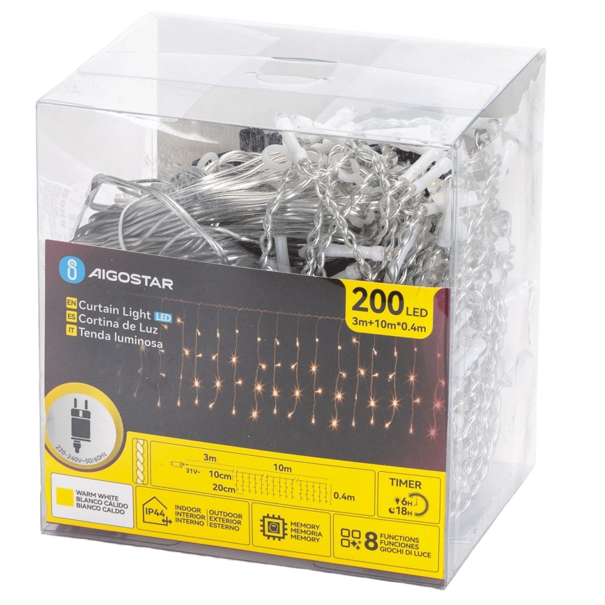 Aigostar - LED Външна коледна гирлянда 200xLED/8 функции 10x0,4m IP44 топла бяла