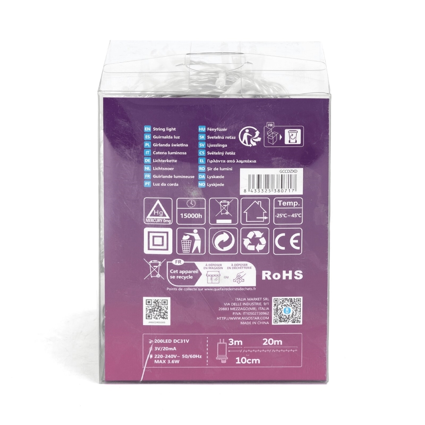 Aigostar - LED външна коледна гирлянда 200xLED/8 функции, 23 m, IP44, студено бяло