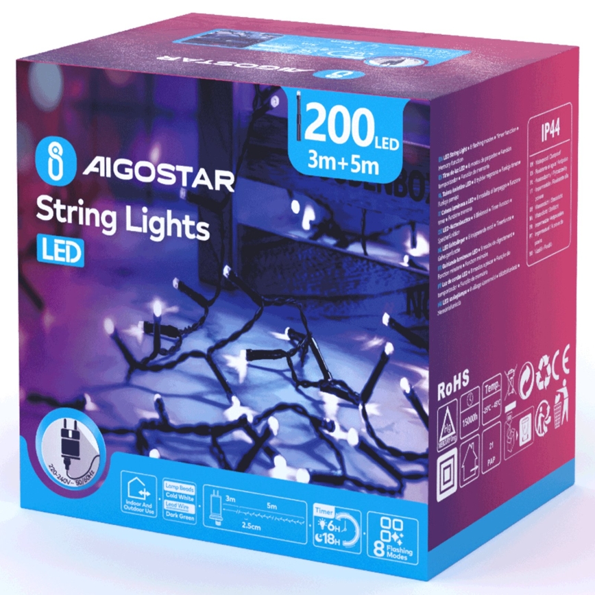 Aigostar - LED външна коледна гирлянда 200xLED/8 функции 8m IP44 студено бяла