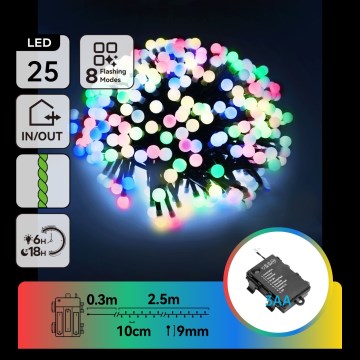 Aigostar - LED външна коледна гирлянда 25xLED/8 функции 3xAA 2,8m IP44 многоцветна