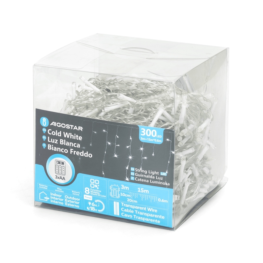 Aigostar - LED външен коледен гирлянд 300xLED/8 функции 3xAA 18x0,6 m IP44 студено бяло