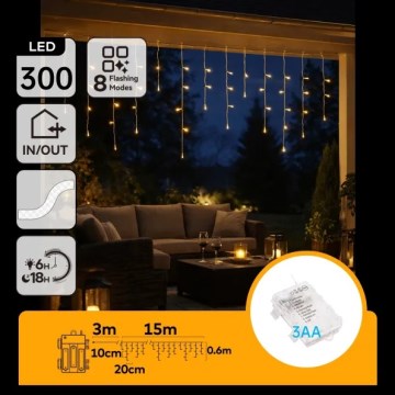 Aigostar - LED външна коледна гирлянда 300 LED/8 режима 3xAA 18x0,6 m IP44 топла бяла