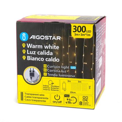 Aigostar - LED външен коледен гирлянд 300xLED/8 функции 3x1m IP44 топла бяла + дистанционно управление