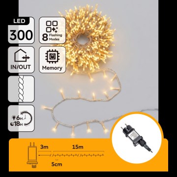 Aigostar - LED външна коледна гирлянда 300xLED/8 функции 18m IP44 топла бяла светлина