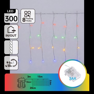 Aigostar - LED външна коледна гирлянда 300xLED/8 функции 3xAA 18x0,4m IP44 многоцветна