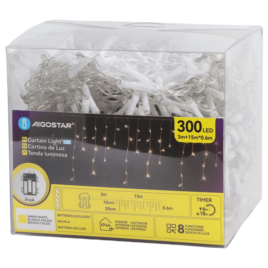 Aigostar - LED външна коледна гирлянда 300 LED/8 режима 3xAA 18x0,6 m IP44 топла бяла