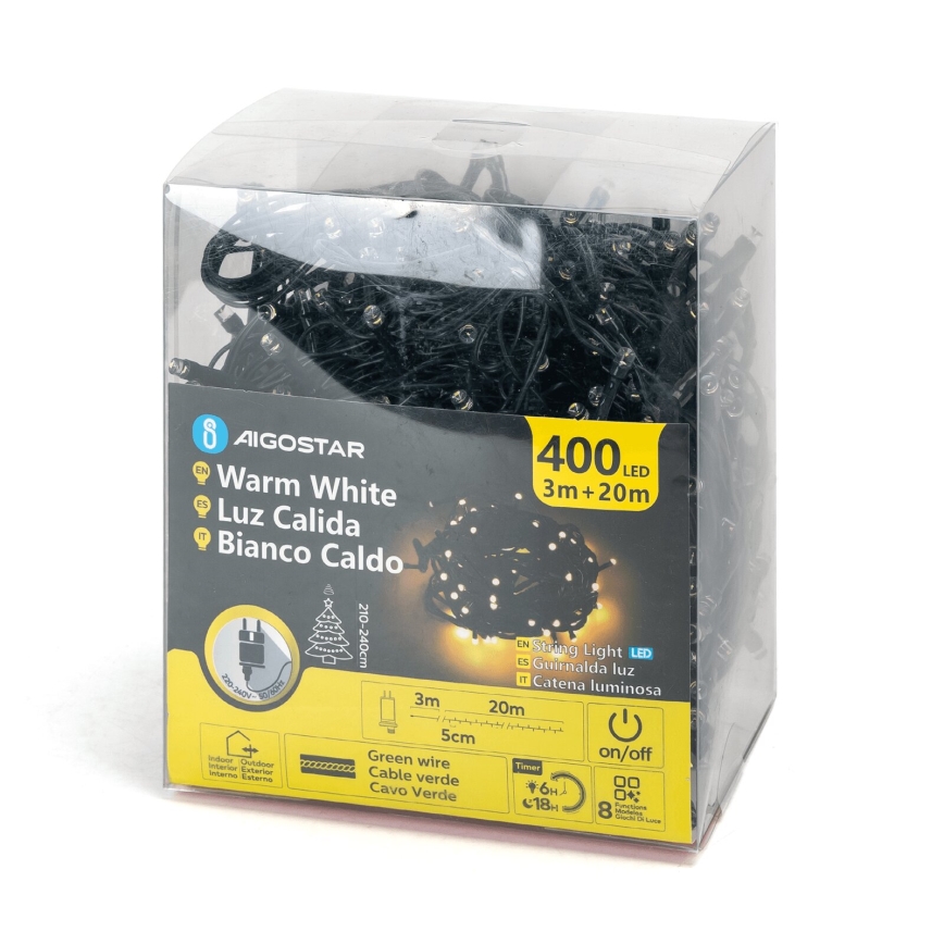 Aigostar - LED външна коледна гирлянда, 400 LED, 8 режима, 23 m, IP44, топла бяла светлина