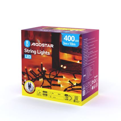 Aigostar - LED външна коледна гирлянда 400xLED/8 функции 13m IP44 топла бяла