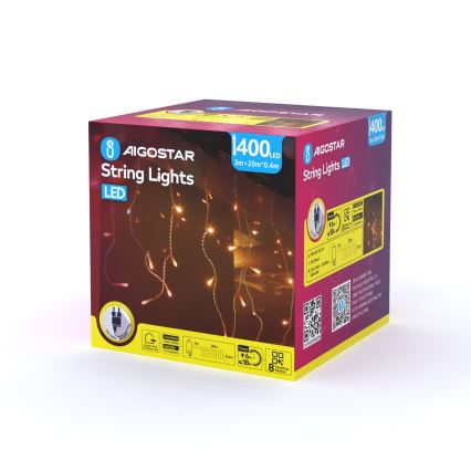 Aigostar - LED външна коледна гирлянда 400xLED/8 функции 23x0,4m IP44 топла бяла