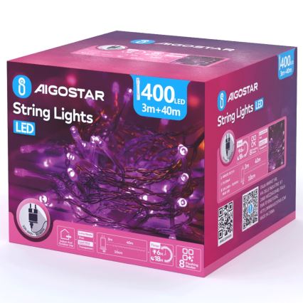 Aigostar - LED Външна коледна гирлянда 400xLED/8 функции 43m IP44 розова