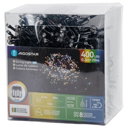 Aigostar - Многоцветна LED външна коледна гирлянда, 400 LED, 8 режима, 4xAA, 20,3 m, IP44