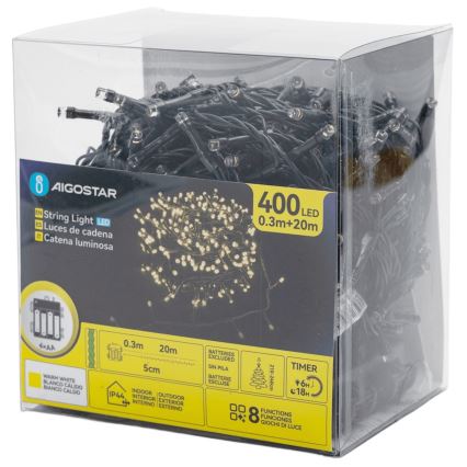 Aigostar - LED външна коледна гирлянда 400xLED/8 функции 4xAA 20,3 m IP44 топла бяла