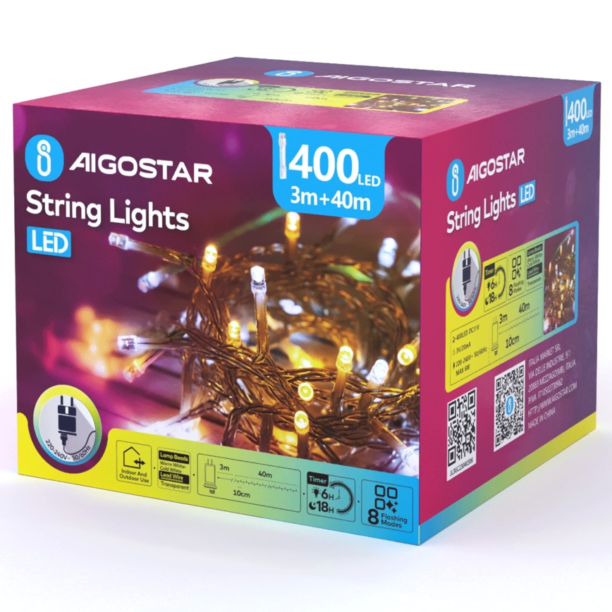 Aigostar - LED външен коледен гирлянд 400xLED/8 функции 43m IP44 топла бяла/студена бяла
