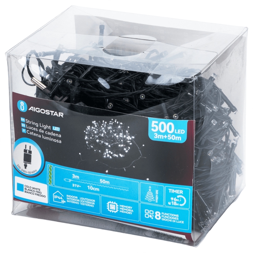 Aigostar - LED външна коледна гирлянда 500xLED/8 функции 53m IP44 студено бяло