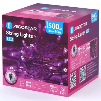 Aigostar - LED външна коледна гирлянда 500xLED/8 функции 53m IP44 розова