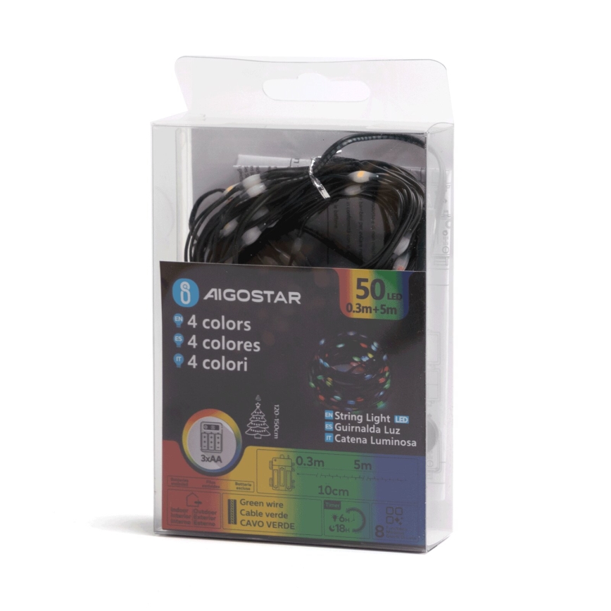 Aigostar - LED външна коледна гирлянда 50xLED/8 функции 3xAA 5,3m IP44 многоцветна