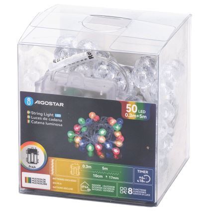 Aigostar - LED външна коледна гирлянда 50xLED/8 функции 3xAA 5,3m IP44 многоцветна