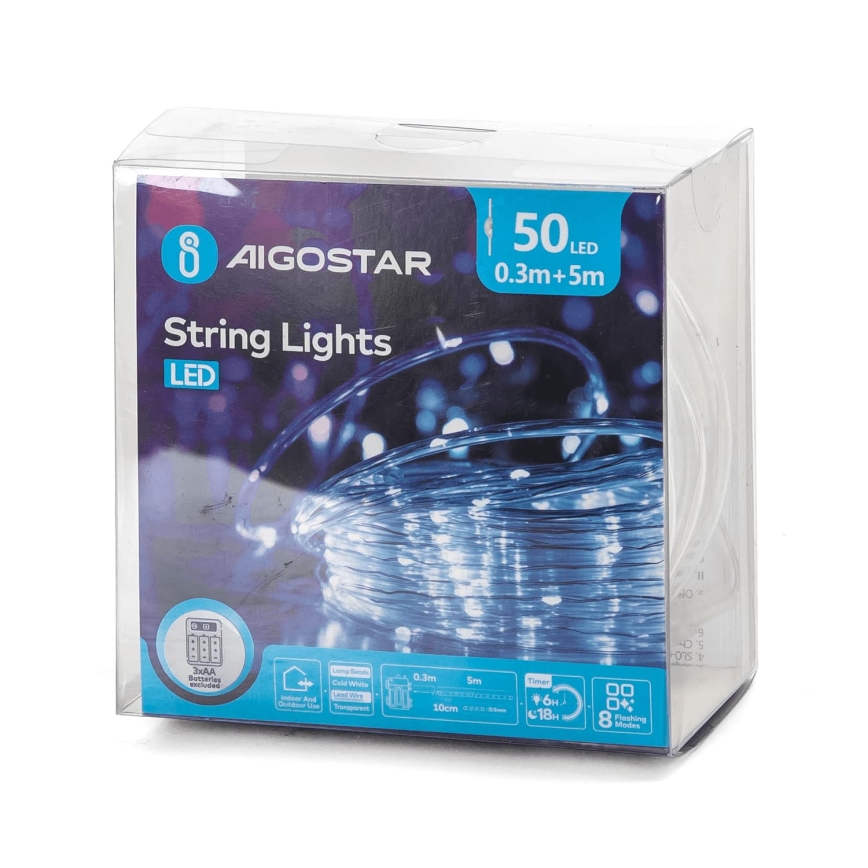 Aigostar - LED външна коледна гирлянда 50xLED/8 режима 3xAA 5,3m IP44 студено бяло