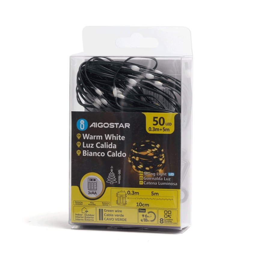 Aigostar - LED външна коледна гирлянда 50xLED/8 функции 3xAA 5,3m IP44 топло бяло