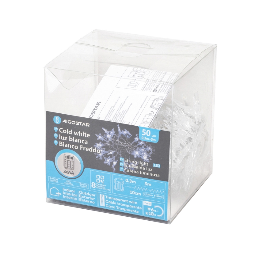 Aigostar - LED външна коледна гирлянда 50xLED/8 функции 3xAA 5 м IP44 студено бяло