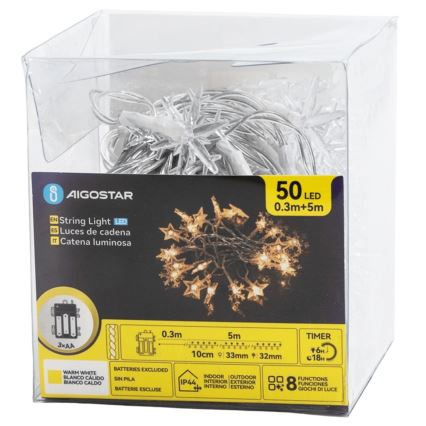 Aigostar - LED външна коледна гирлянда 50xLED/8 функции 3xAA 5m IP44 топли бели звезди
