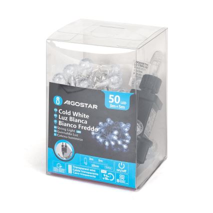 Aigostar - LED външна коледна гирлянда 50xLED/8 функции 8m IP44 студено бяла