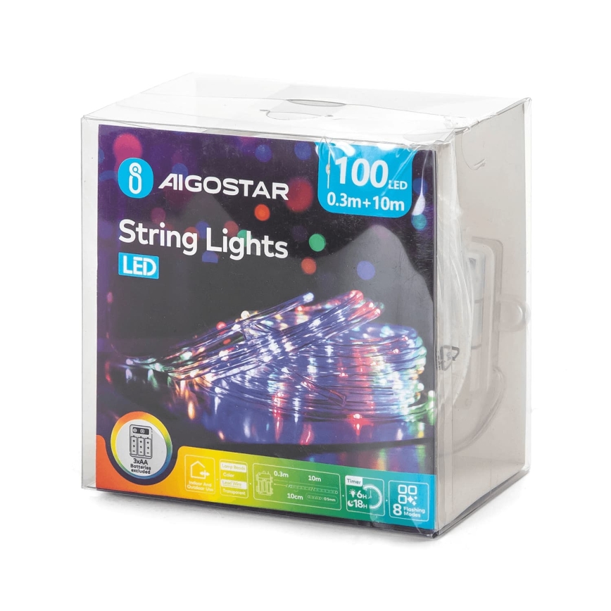 Aigostar - LED външен коледен гирлянд 100xLED/8 функции 3xAA 10,3m IP44 многоцветен