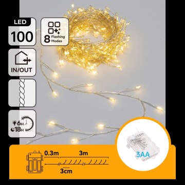 Aigostar - LED външна коледна верига 100xLED/8 функции 3xAA 3,3m IP44 топла бяла