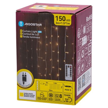 Aigostar - LED външен коледен гирлянд 150xLED/6W/230V/8 функции 1,5x1m IP44 топла бяла + дистанционно управление