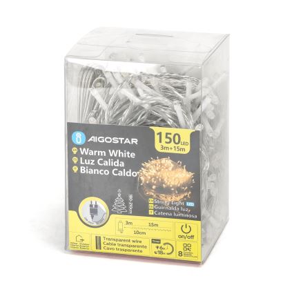 Aigostar - LED външна коледна верига 150xLED/8 функции 18m IP44 топла бяла