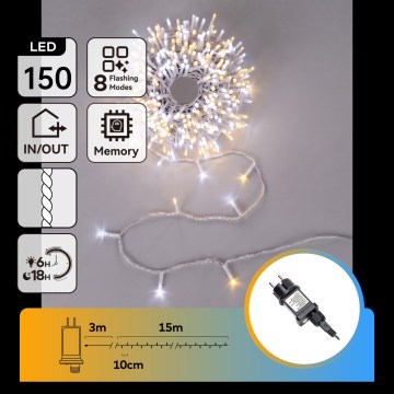 Aigostar - LED Външна коледна верига 150xLED/8 функции 18m IP44 топло бяло/студено бяло