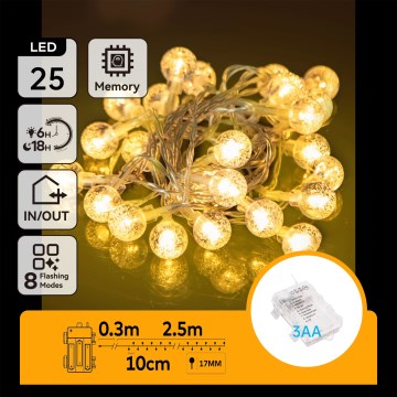 Aigostar - LED външна коледна верига 25xLED/3xAA/8 функции 2,8 m IP44 топла бяла
