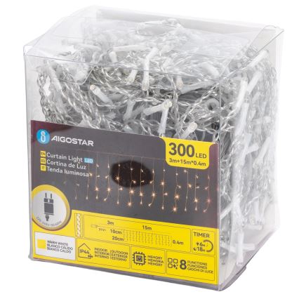 Aigostar - LED външна коледна гирлянда 300xLED/8 функции 15x0,4 m IP44 топла бяла