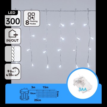 Aigostar - LED външна коледна верига 300xLED/8 функции 3xAA 18x0,4m IP44 студено бяло
