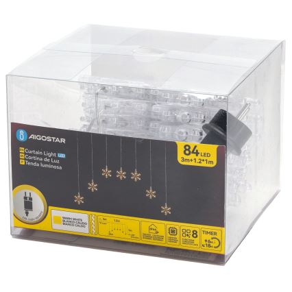 Aigostar - LED външен коледен гирлянд 84xLED/8 функции 1,2x1m IP44 топла бяла светлина, снежинки