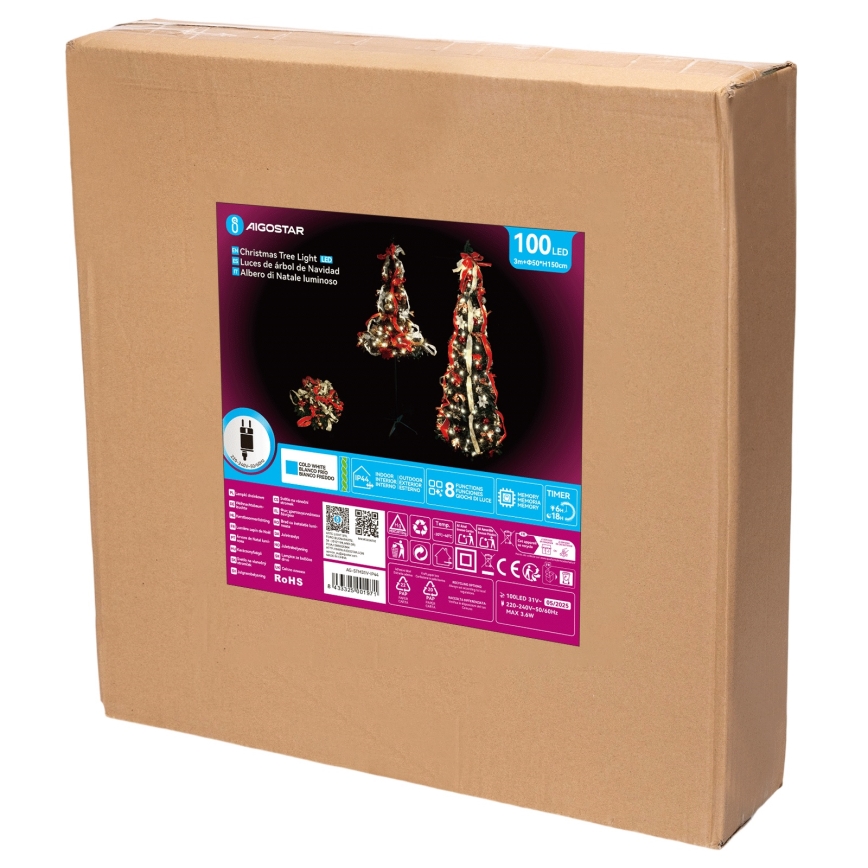 Aigostar - LED външна коледна елха 100xLED, 1,5 m, IP44, червена и студено бяла