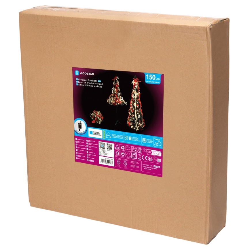 Aigostar - LED външна коледна елха 150xLED 1,8m IP44 червена и студено бяла