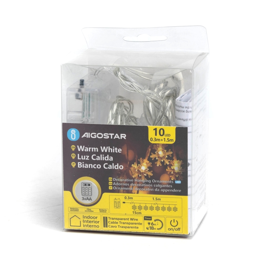 Aigostar - LED коледен гирлянд 10xLED/3xAA 1,5m топла бяла светлина, снежинки