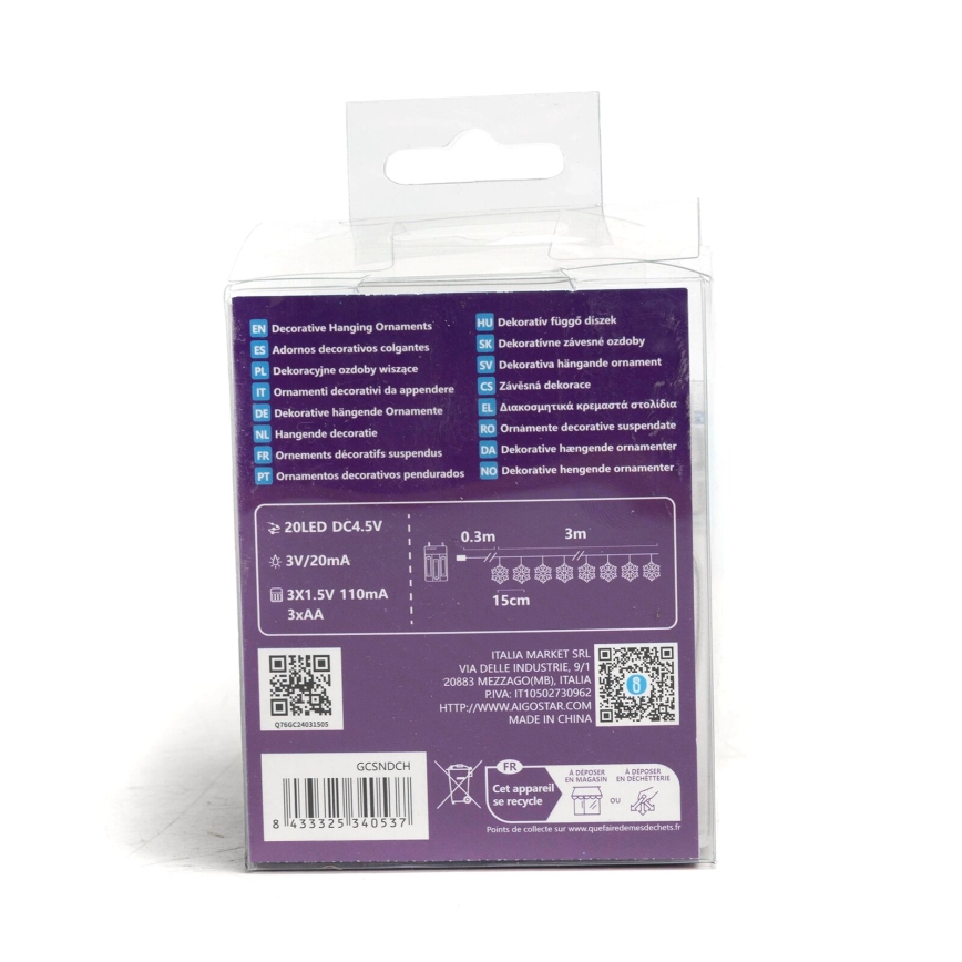 Aigostar - LED Коледен гирлянд 20xLED/3xAA 3,3м снежинки