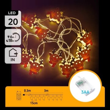 Aigostar - LED коледен гирлянд 20xLED/3xAA 3m топла бяла северен елен