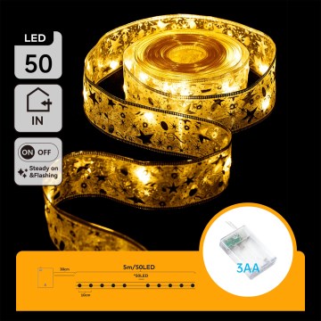 Aigostar - LED коледен гирлянд 50xLED/3xAA 5m топло бяло златисто