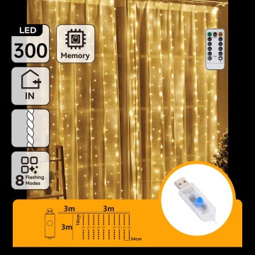 Aigostar - LED коледен гирлянд с възможност за димиране 300xLED/8 функции USB 6x3m топло бяло + дистанционно управление