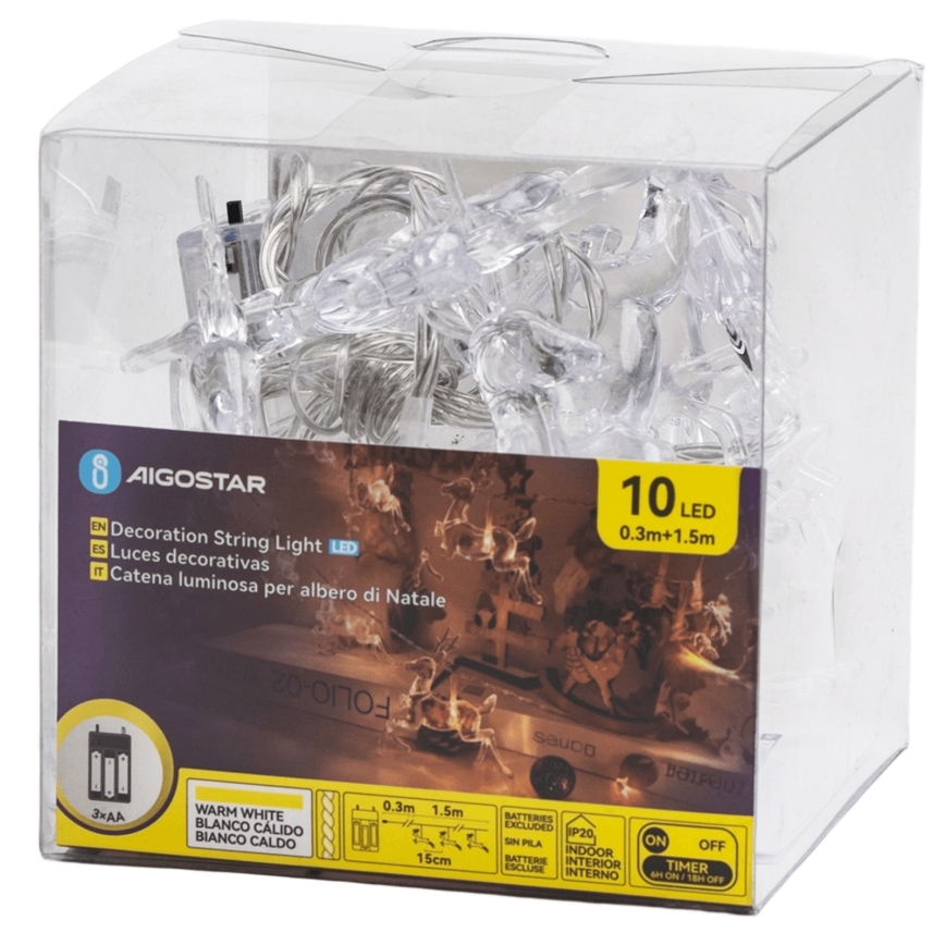 Aigostar - LED коледна гирлянда 10xLED/3xAA 1,5m топла бяла с елени