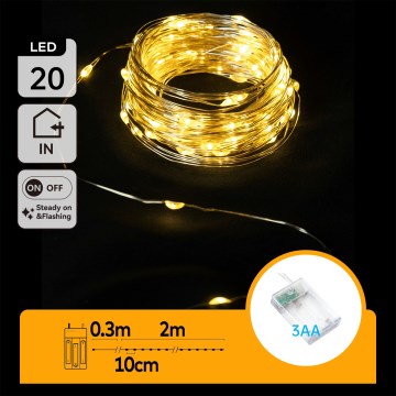 Aigostar - LED коледна гирлянда 20xLED/3xAA 2,3m топла бяла