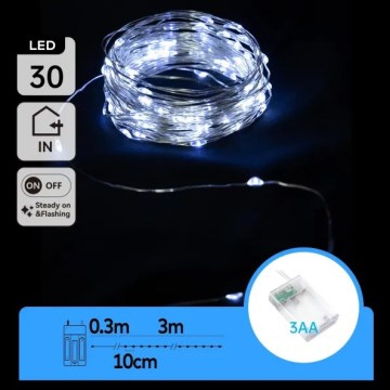 Aigostar - LED коледна гирлянда 30xLED/3xAA 3,3 m студено бяло