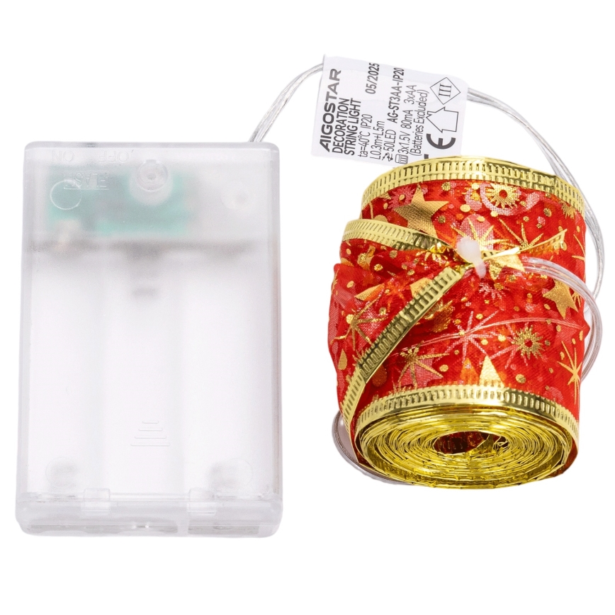 Aigostar - LED коледна гирлянда 50xLED/3xAA 5m топла бяла червена