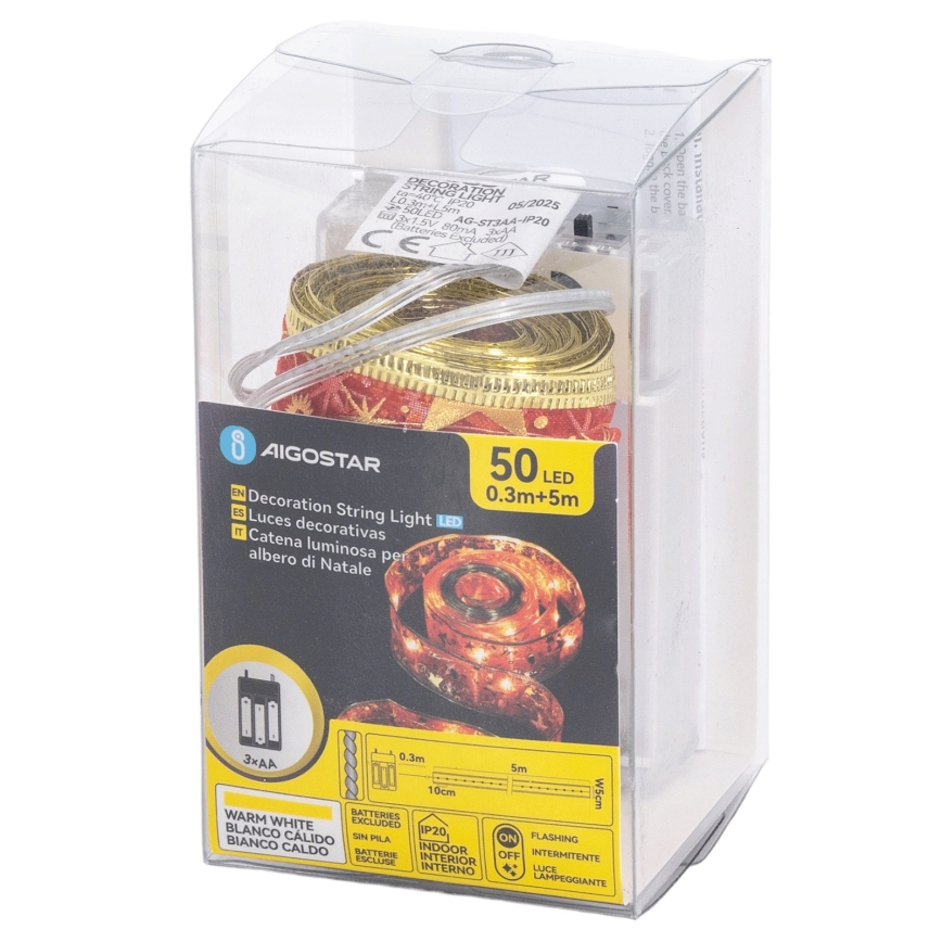 Aigostar - LED коледна гирлянда 50xLED/3xAA 5m топла бяла червена