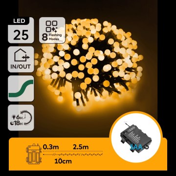 Aigostar - LED коледна гирлянда за външна употреба, 25 x LED / 8 режима, 3 x AA, 2,8 m, IP44, топла бяла